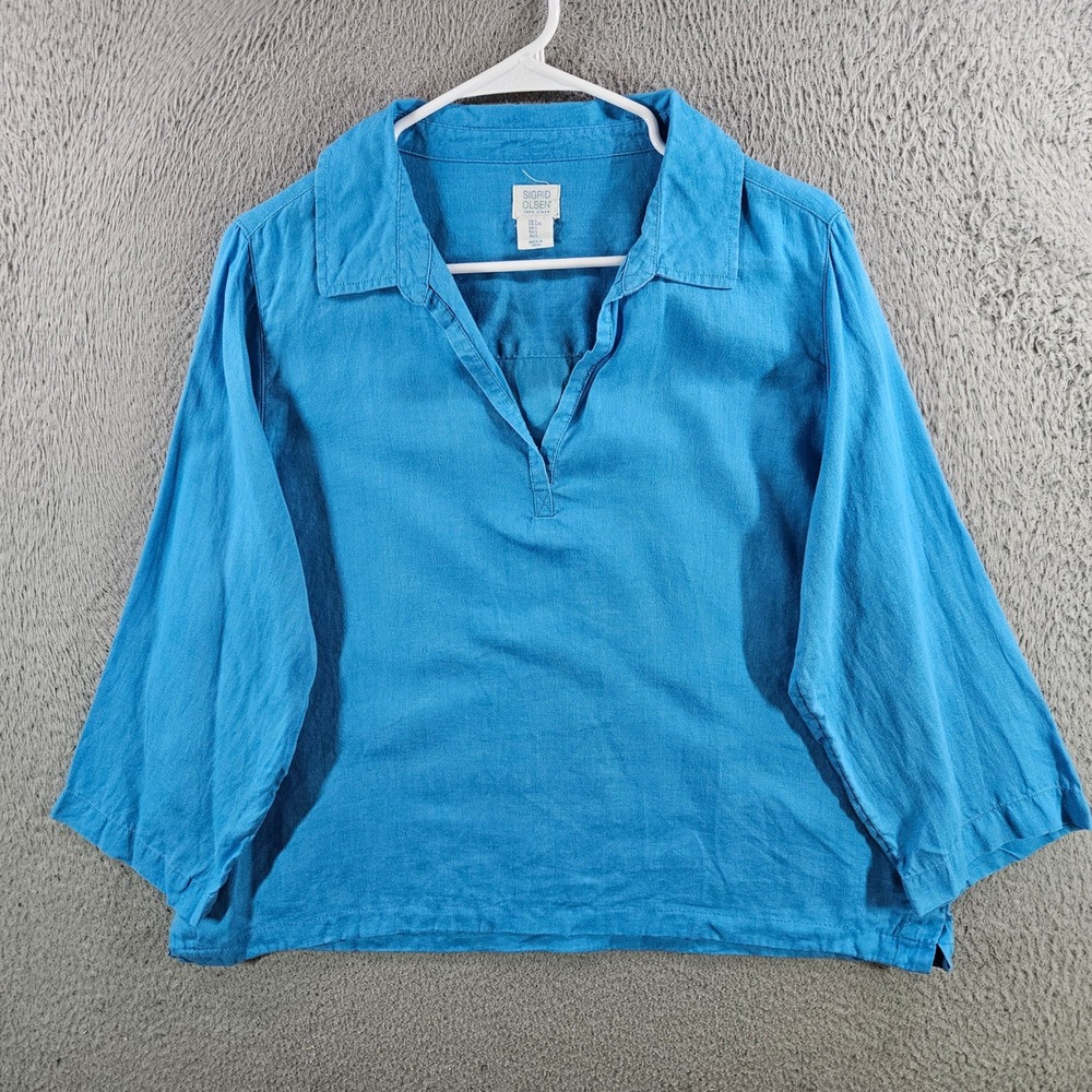 Sigrid Olsen Womens Large Blue 100% Linen V-Neck 3/4 Sleeve Pullover Blouse Top